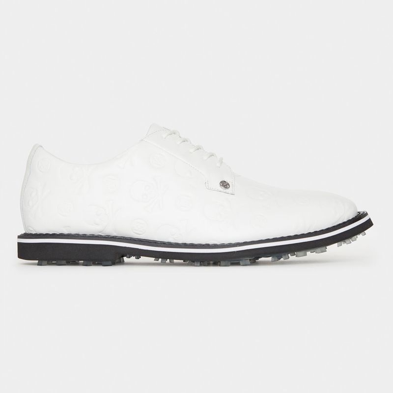 G/FORE MENS GALLIVANTER DEBOSSED SKULL &amp; TEES LEATHER GOLF SHOE SNOW/ONYX