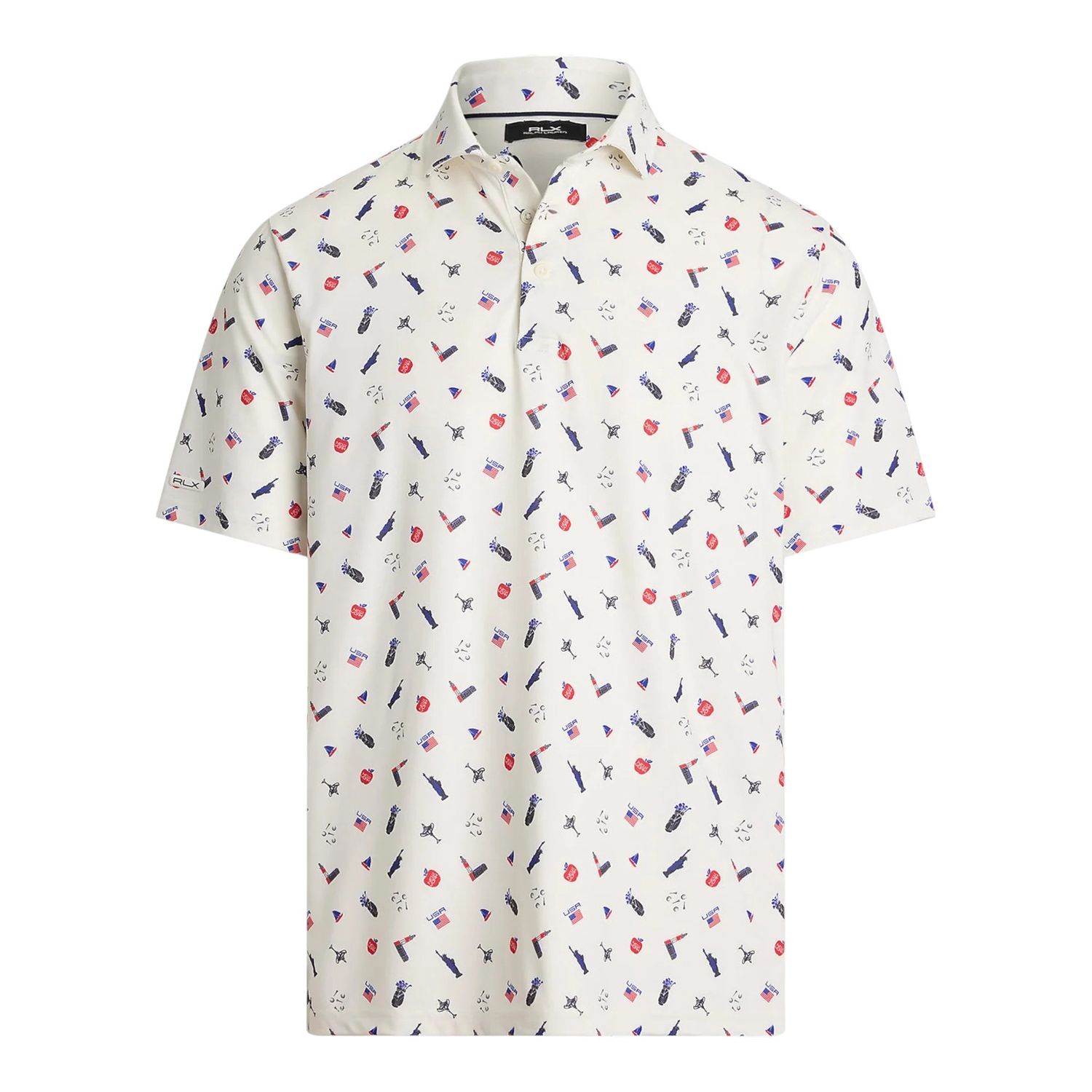 POLO RALPH LAUREN RLX 2025 RYDER CUP PERFORMANCE SCATTER POLO SHIRT WHITE MULTI