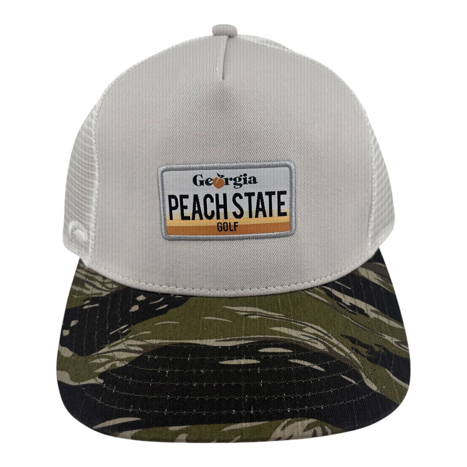 PEACH STATE GOLF LICENSE PLATE TRUCKER HAT TIGER CAMO