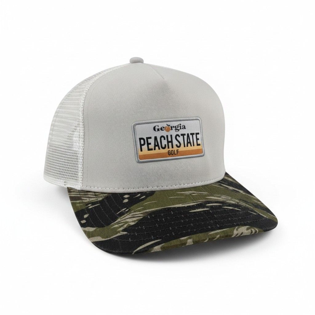 PEACH STATE GOLF LICENSE PLATE TRUCKER HAT TIGER CAMO