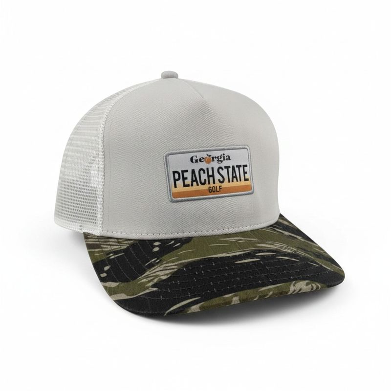 PEACH STATE GOLF LICENSE PLATE TRUCKER HAT TIGER CAMO