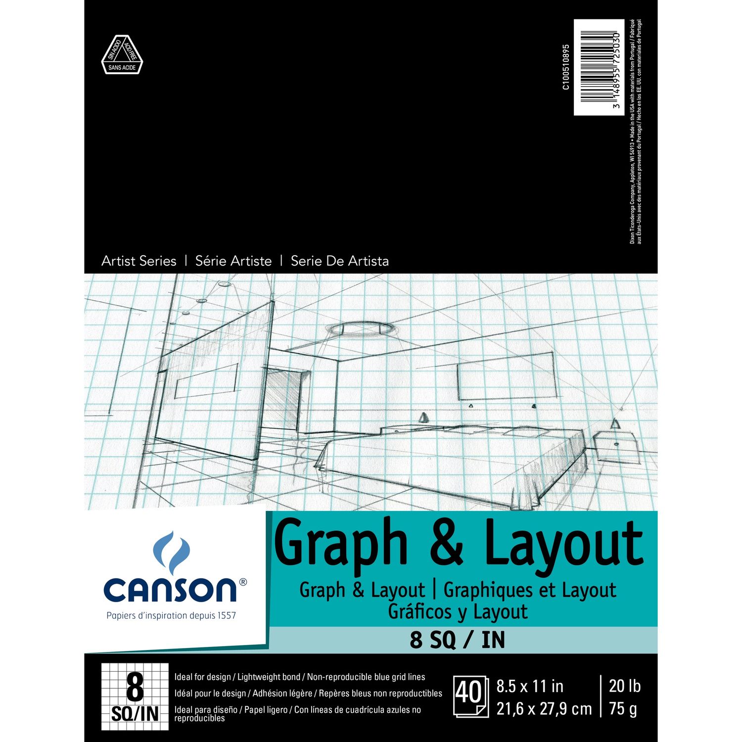 Canson Artist Series Graph and Layout Pad, Size: 8.5 x 11", Type: 8 x 8 grid