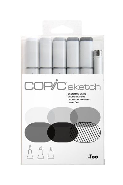 Copic Sketch Marker Set of 6, COlour: 5 Grey + 1 Multiliner