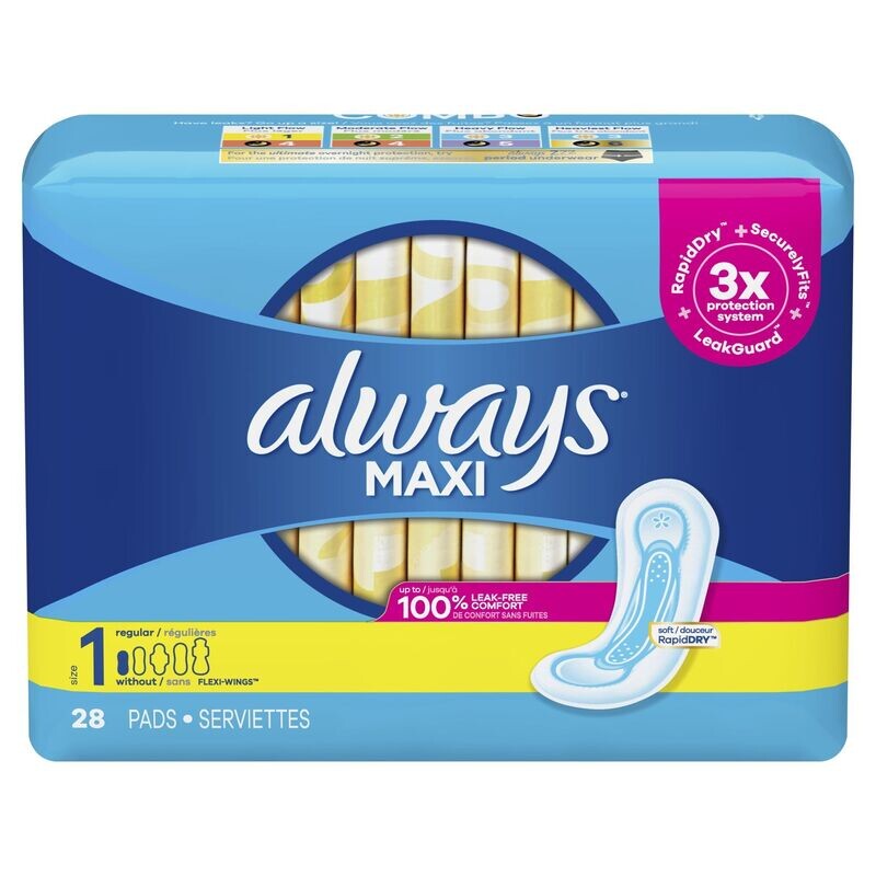 ALWAYS MAXI DAYTIME PADS 28 CT SIZE 1 WITHOUT WINGS