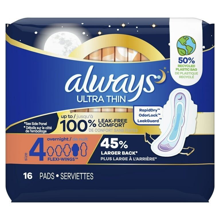 ALWAYS MAXI PADS OVERNIGHT 16 CT LEAK GUARD SIZE 4