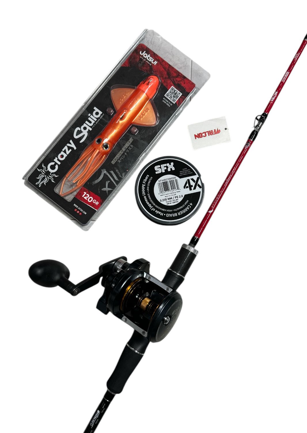 Combo Jigging 5: Falcon Peppers Vertical Crazy + Tica OX Jigger XJ5HL + Sufix X4 300mt + Crazy Squid