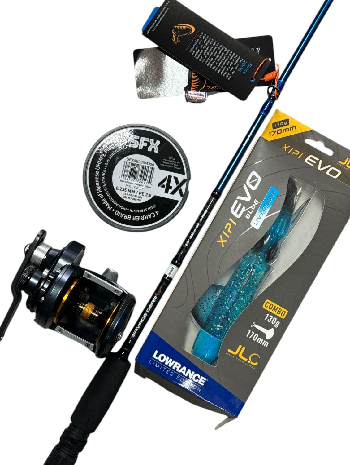 Combo Jigging 3: Savage Gear SGS2 SJ 250gr + Tica OX Jigger XJ5HL + SFX 4X 300mt 0.235mm Multicolor + Xipi Evo