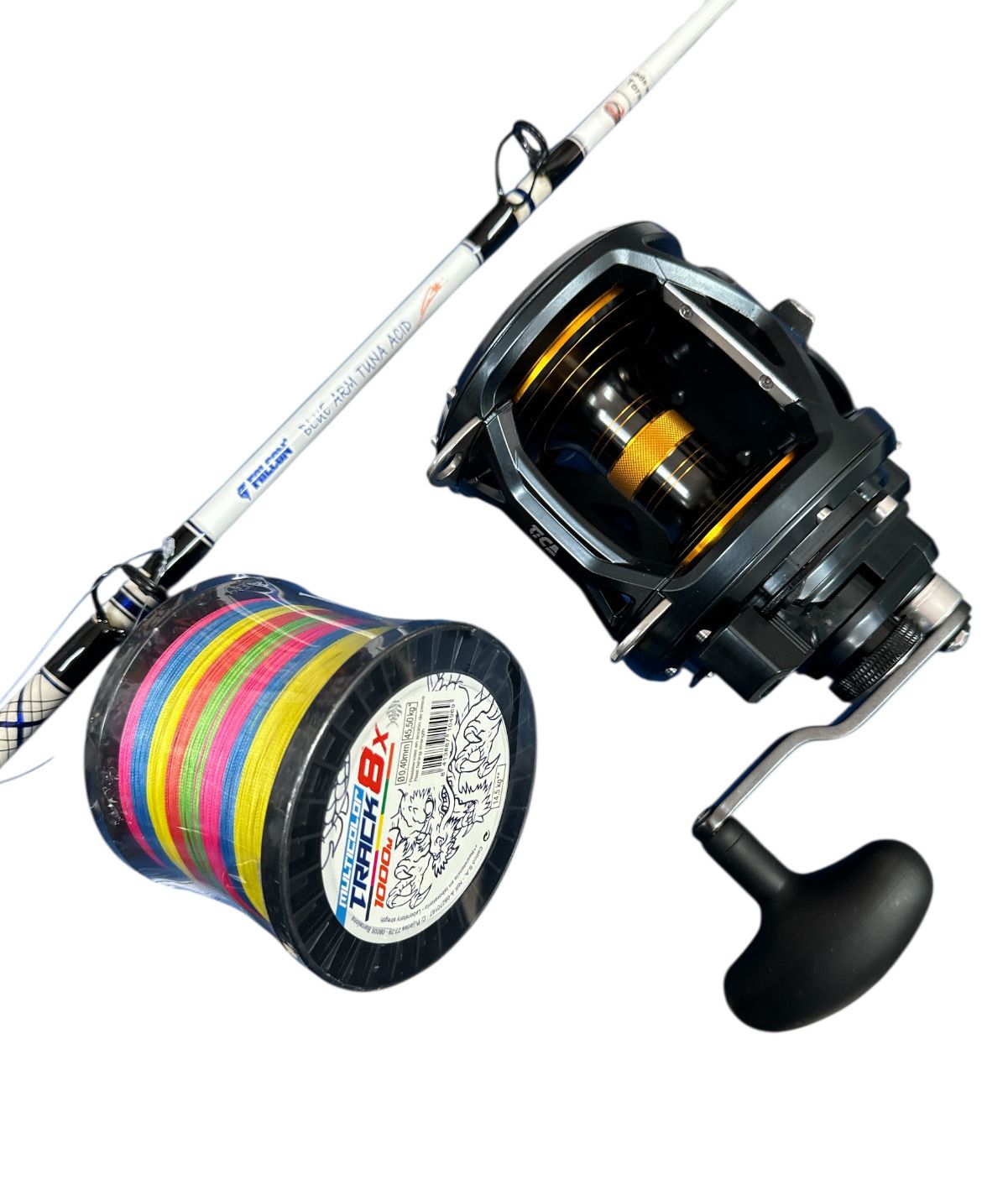 Combo Big-Game1: Falcon Blue Arm Tuna Acid + Tica Oxean II 30 + Track X8 1000mt Multicolor 100lb Combo Big-Game1: Falcon Blue Arm Tuna Acid + Tica Oxean II 30 + Track X8 1000mt Multicolor 100lb