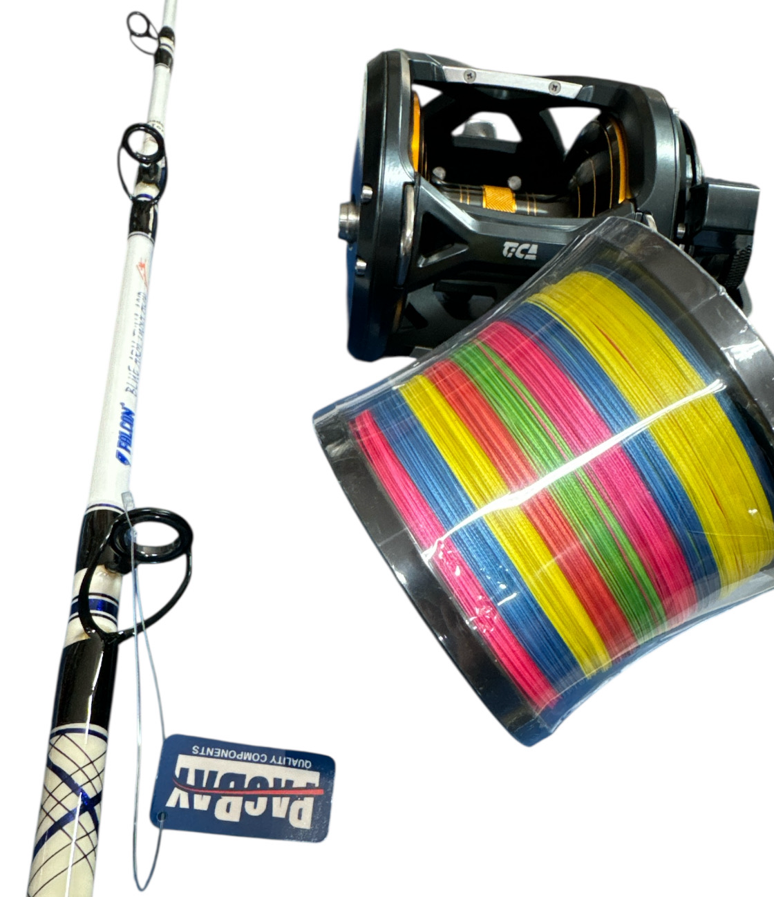 Combo Big-Game1: Falcon Blue Arm Tuna Acid + Tica Oxean II 30 + Track X8 1000mt Multicolor 100lb