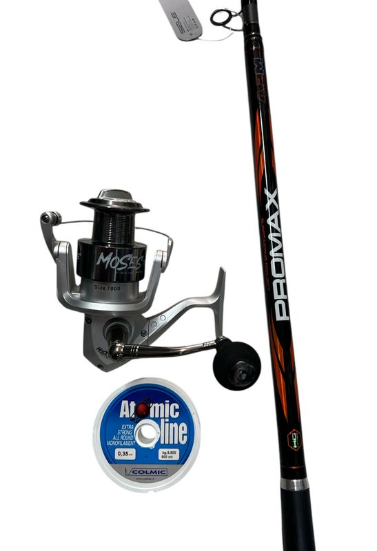 Combo Surf Casting 1:  Sele Promax 4.20mt - 180gr + Sele Moses 7000 + Colmic Atomic Line 500mt - 0.35mm