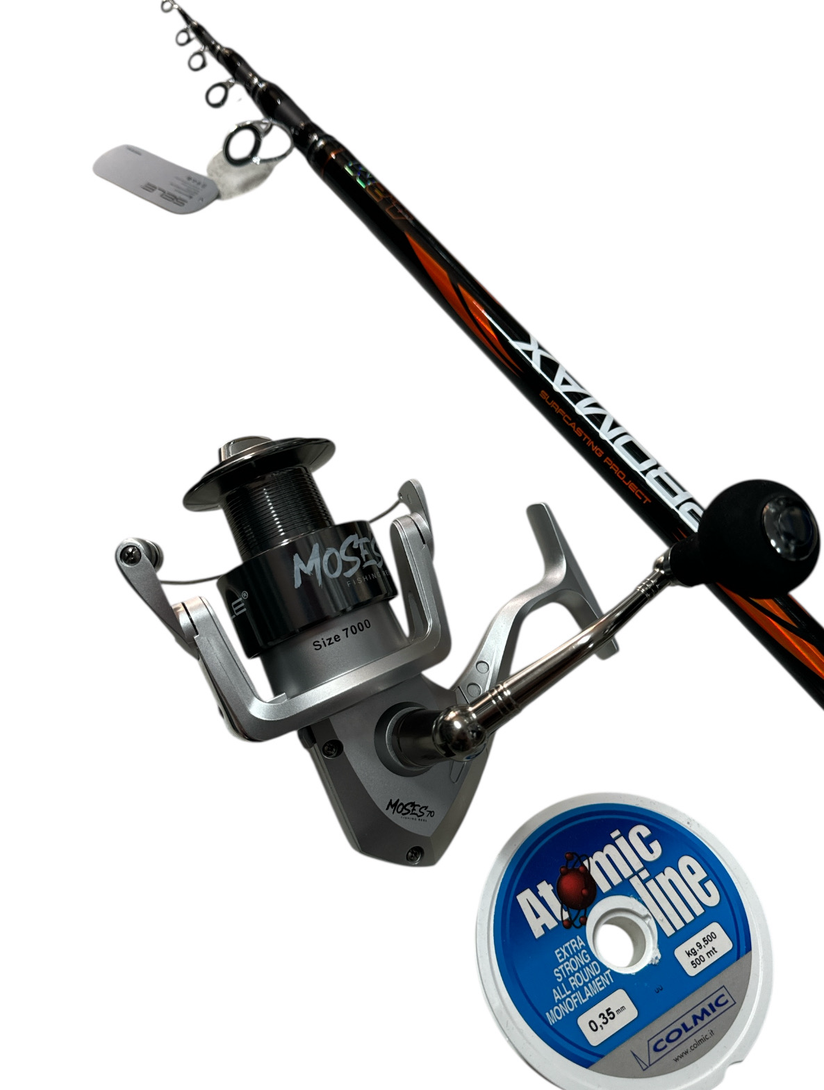 Combo Surf Casting 1: Sele Promax 4.20mt - 180gr + Sele Moses 7000 + Colmic Atomic Line 500mt - 0.35mm
