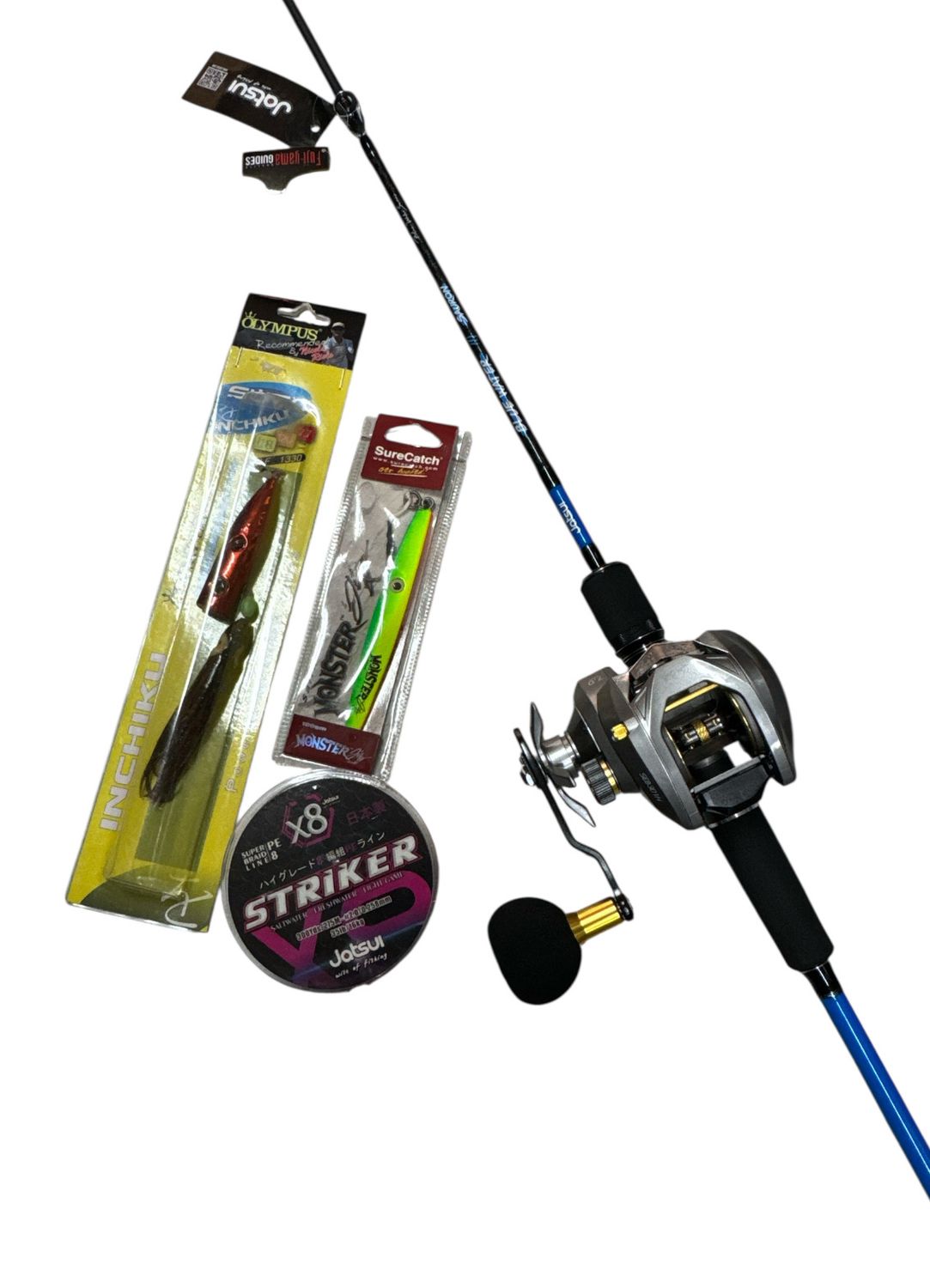 Combo Jigging 11: Jatsui Blue Water 7' 180gr + Tica Seabull 301H + Jatsui Striker X8 275mt 0,25mm + Olympus Inchiku + Sure Catch jig Combo Jigging 11: Jatsui Blue Water 7' 180gr + Tica Seabull 301H + Jatsui Striker X8 275mt 0,25mm + Olympus Inchiku + Sure Catch jig