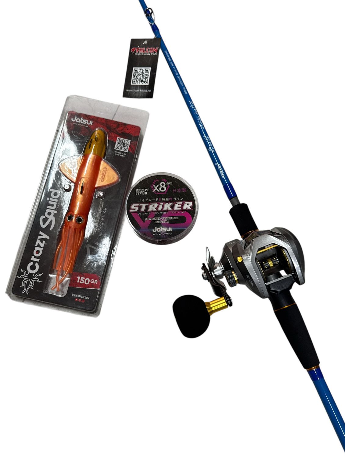 Combo Jigging 12: Falcon Britt Slow Pitch 6'8" 80-200gr + Tica Seabull 301H + Jatsui Striker X8 275mt 0,28mm + Jatsui Crazy Squid 150gr
