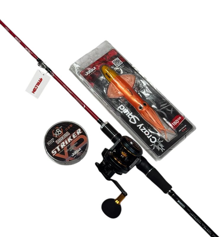 Combo Jigging Crazy Ox Jig: Falcon Peppers Crazy Vertical 150-300gr + Tica Ox Jigger 5HL + Jatsui Striker X8 300mt 0.25mm + Jatsui Crazy Squid Combo Jigging Crazy Ox Jig: Falcon Peppers Crazy Vertical 150-300gr + Tica Ox Jigger 5HL + Jatsui Striker X8 300mt 0.25mm + Jatsui Crazy Squid