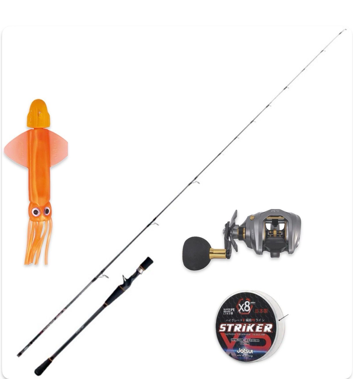 ✅Best Seller - Combo Jigging Jatsui Intrepid Jigger 80-200gr + Tica Seabull 301 + Jatsui Striker x8 275m 0.25mm + Jatsui Crazy Squid