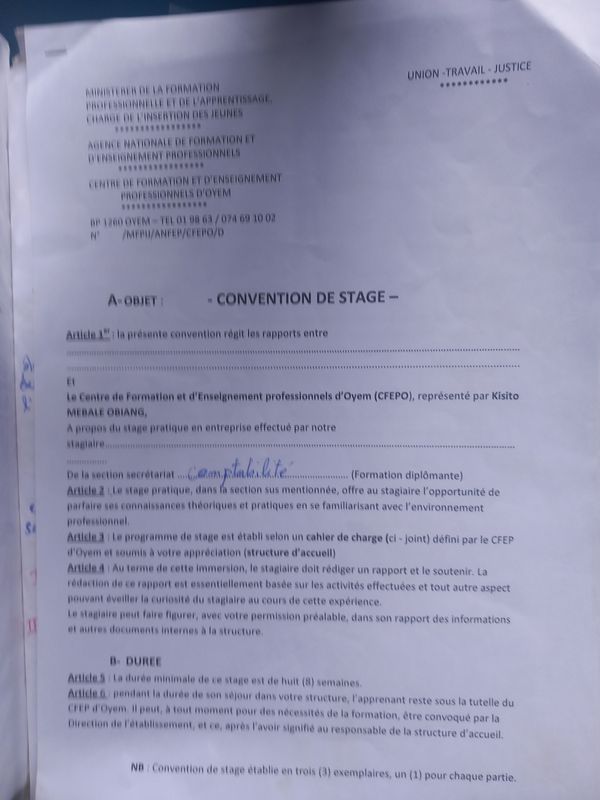 MAFOUMBA JEAN. Document de Covention de stage  ( en possession)
