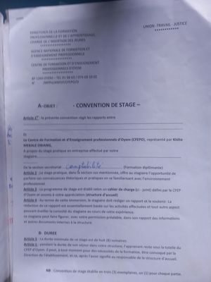 MAFOUMBA JEAN. Document de Covention de stage  ( en possession)