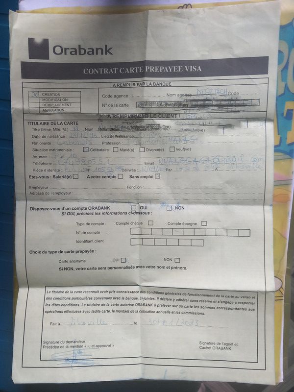 MOUSSOUNDA IKAPI Bertrand . ORABANK Contrat  ( en possession)