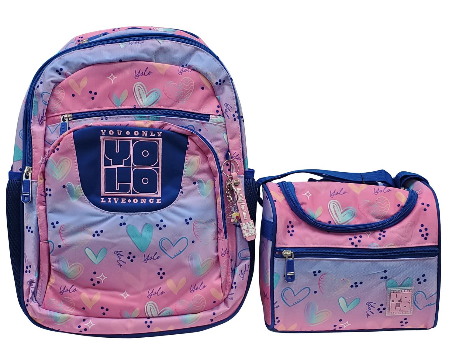 Yolo Backpack and Lunch Bag Combo- Blue and Pink (Hearts)