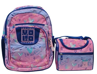 Yolo Backpack and Lunch Bag Combo- Blue and Pink (Hearts)