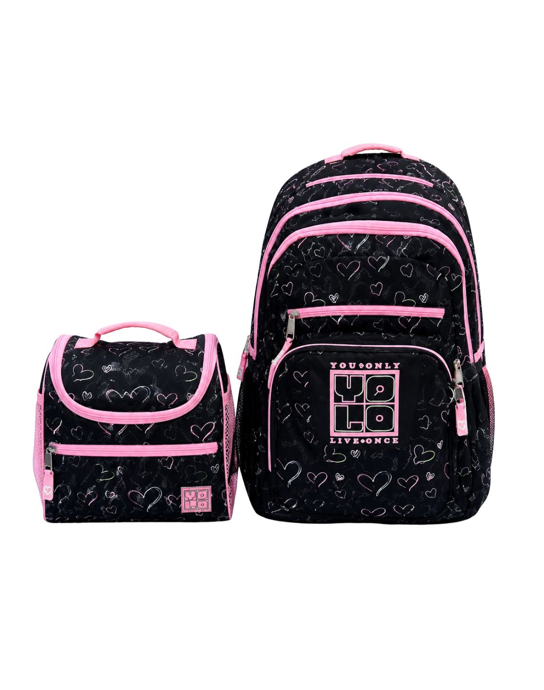 Yolo Backpack and Lunch Bag Combo - Black with Hearts