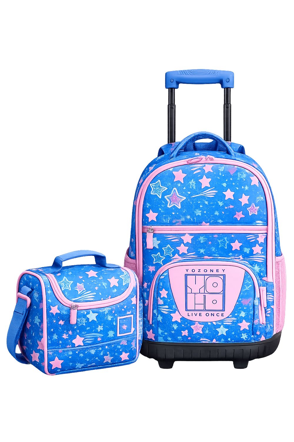 Yolo Trolley Bag and Lunch Bag Combo - Blue and Pink Stars