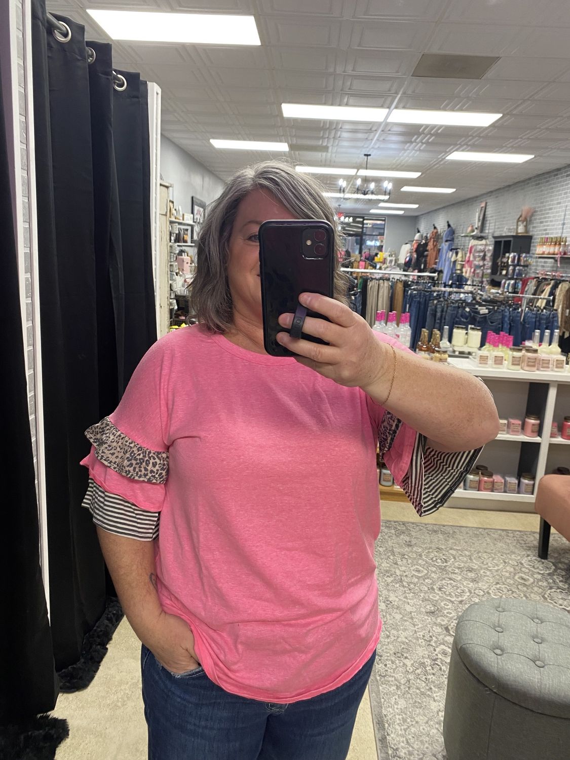 Hot pink w ruffled leopard sleeve