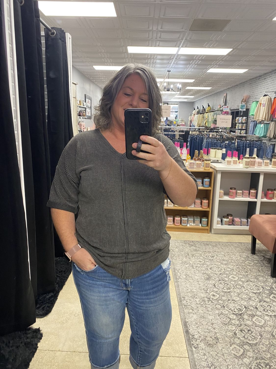 Charcoal/hot pink ribbed top