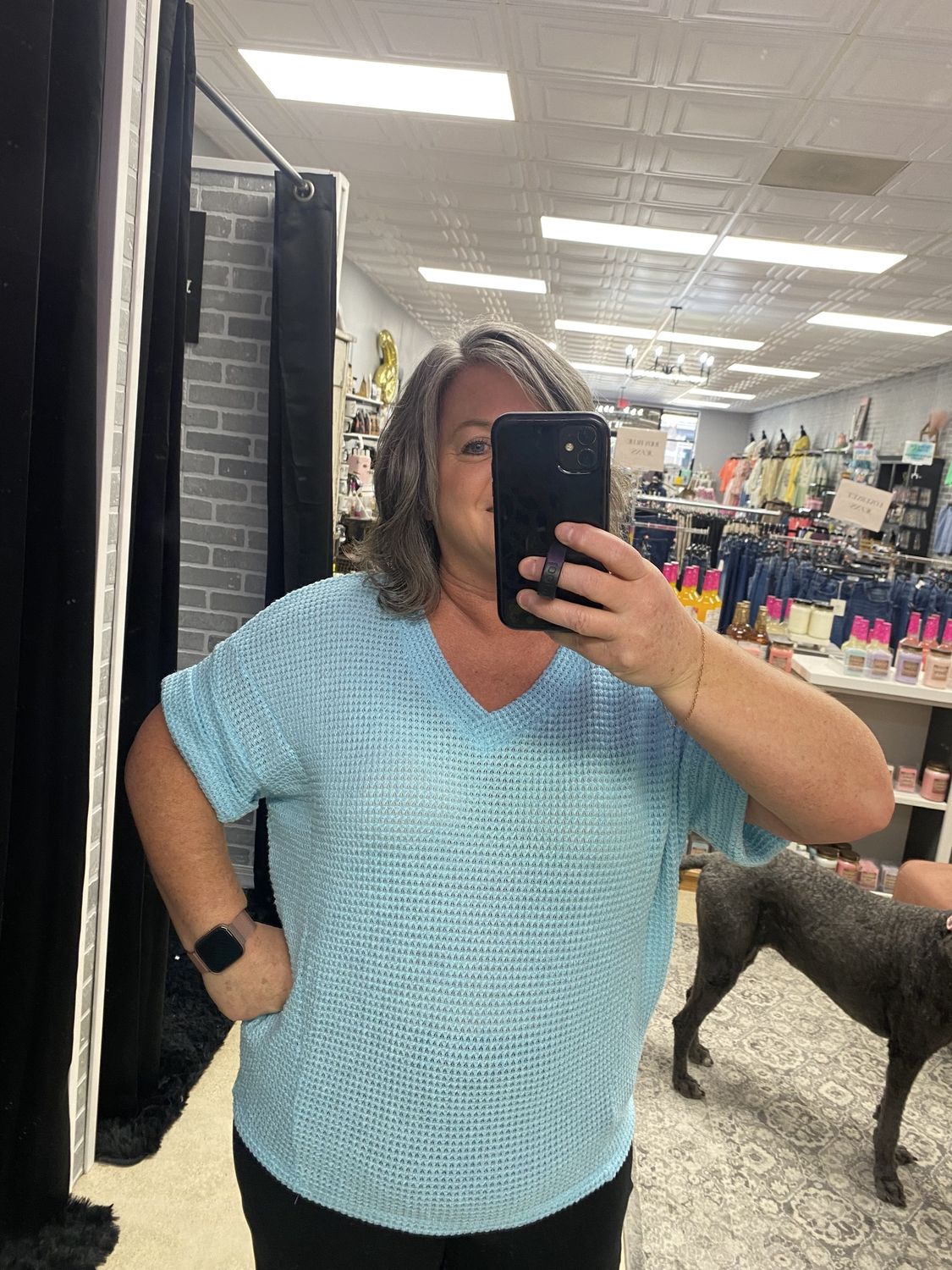aqua/orchid waffle top