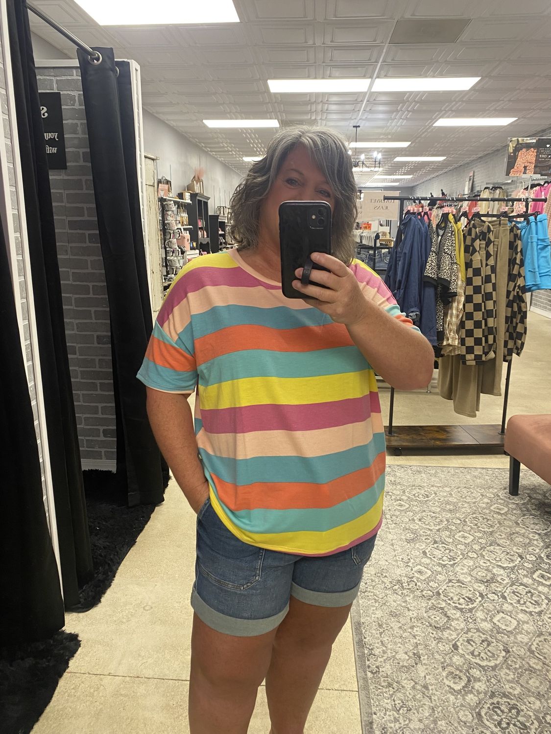 Multicolor Stripe Print French Terry Knit Top