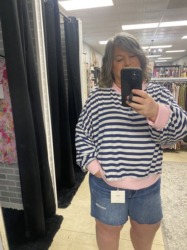 Navy stripe w pink trim