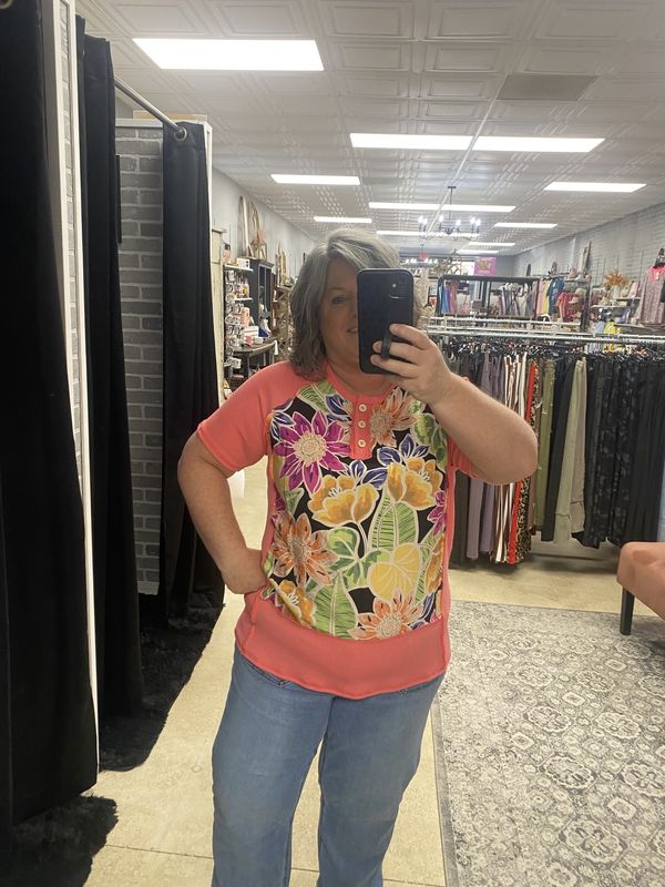 Coral floral henley