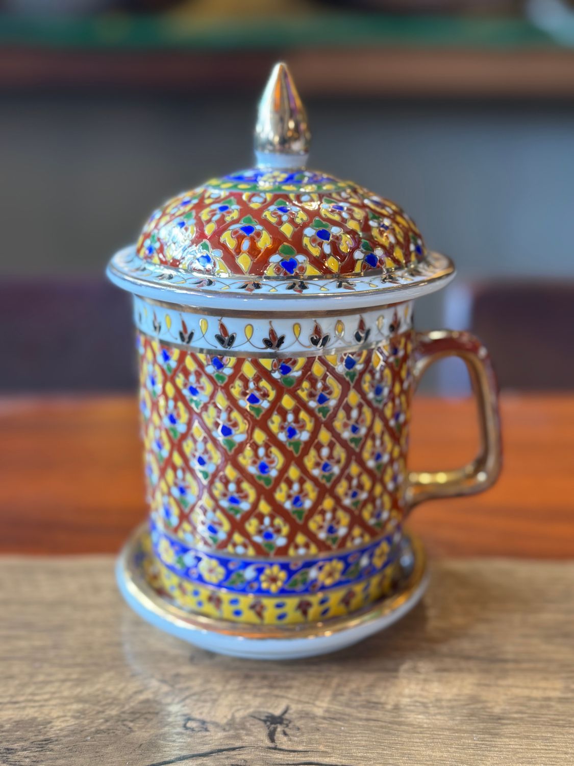 Benjarong Coffee Mug, Lid and Saucer Set (D)