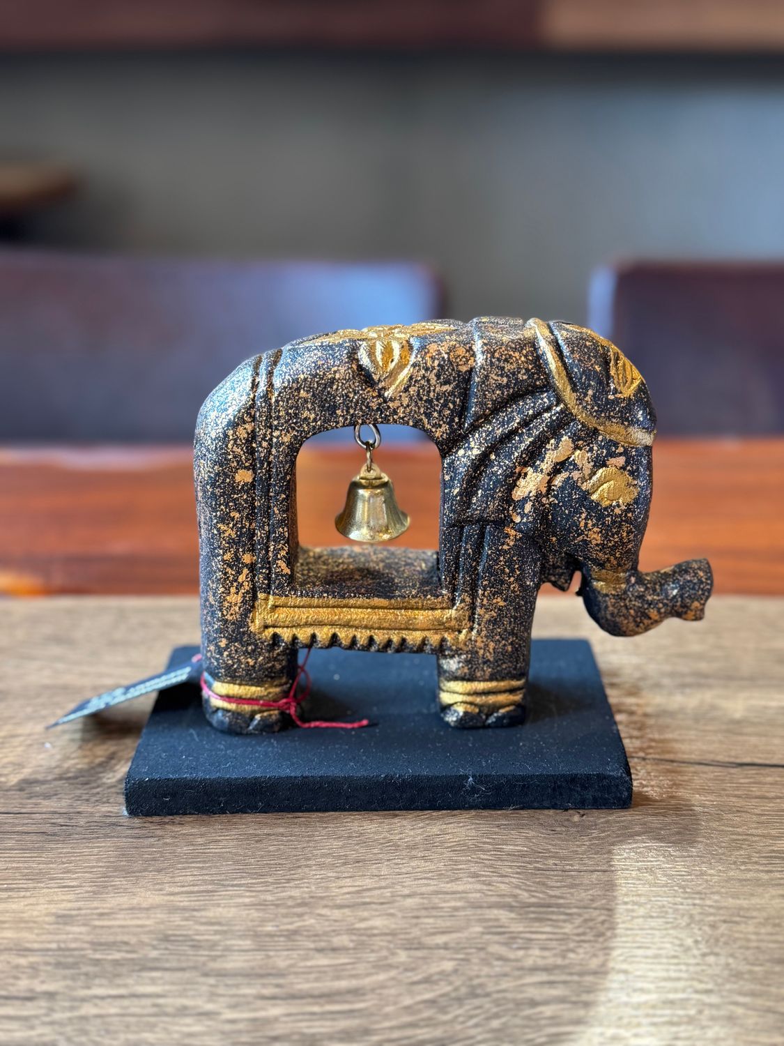 Hand Carved Wooden Elephant with Bell