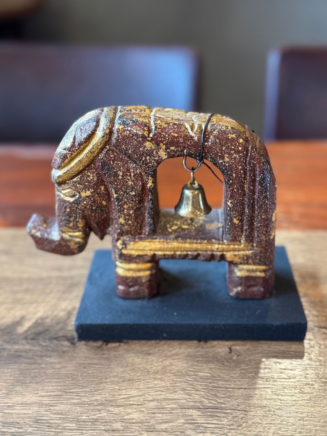 Hand Carved Wooden Elephant with Bell