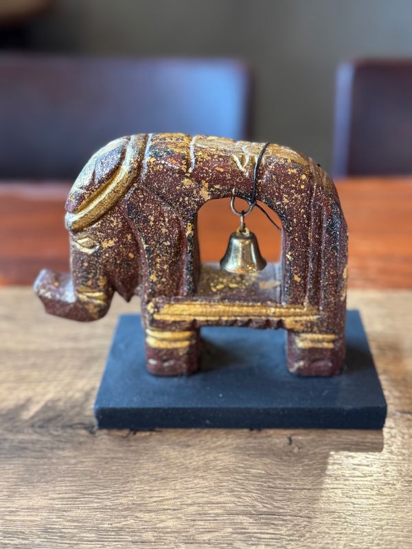 Hand Carved Wooden Elephant with Bell