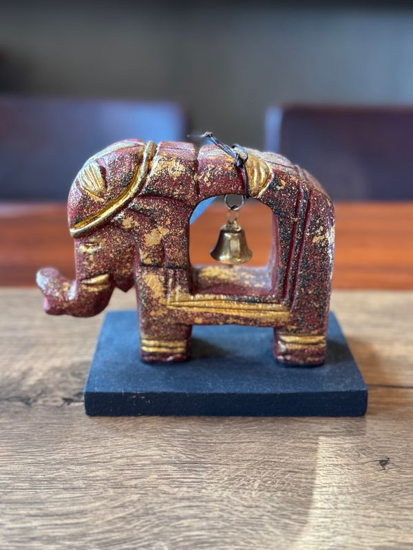 Hand Carved Wooden Elephant with Bell