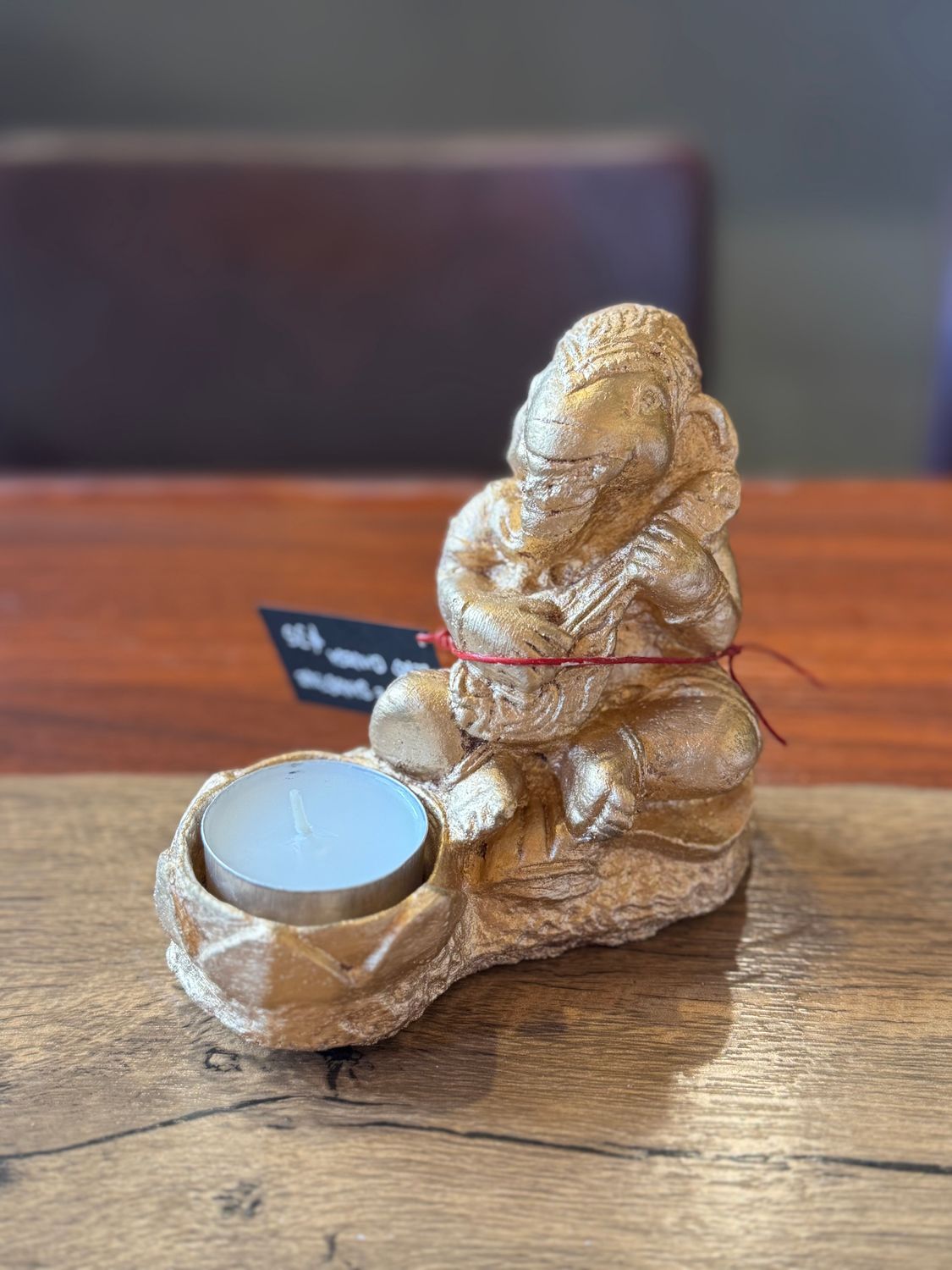 Lord Ganesh Tea Light Candle Holder, Sandstone, Gold