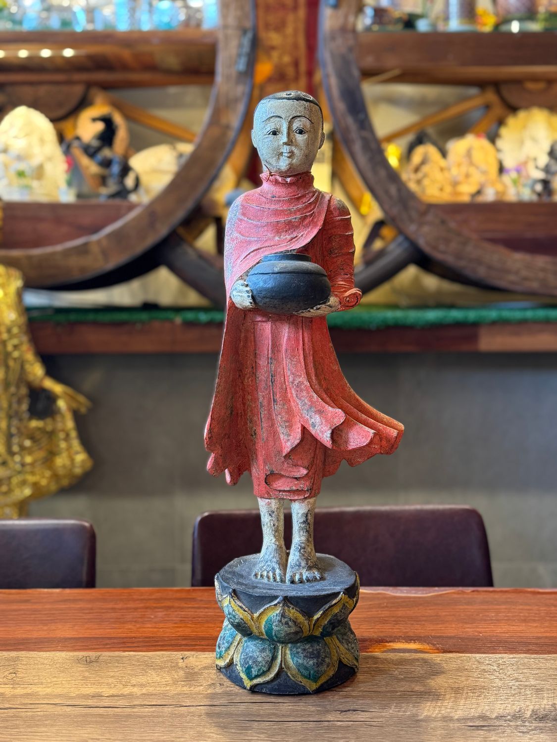 Hand Carved Wooden Monk Holding Alms Bowl
