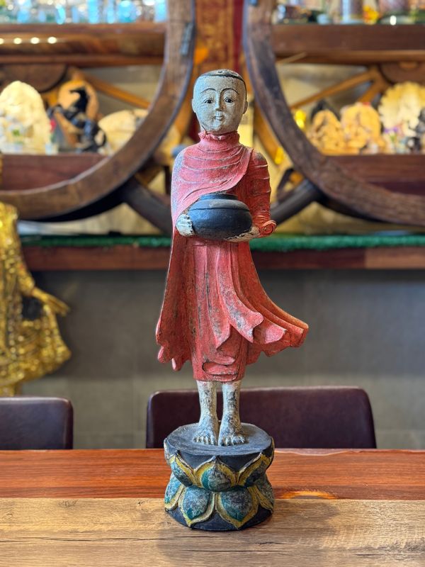 Hand Carved Wooden Monk Holding Alms Bowl