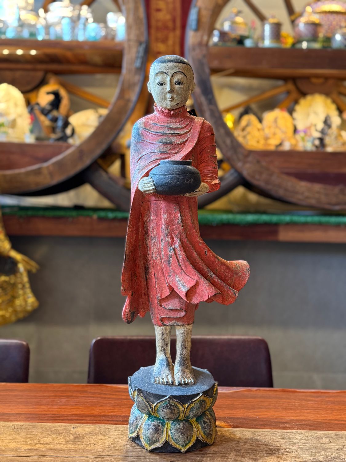 Hand Carved Wooden Monk Holding Alms Bowl
