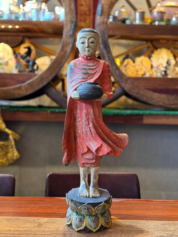 Hand Carved Wooden Monk Holding Alms Bowl