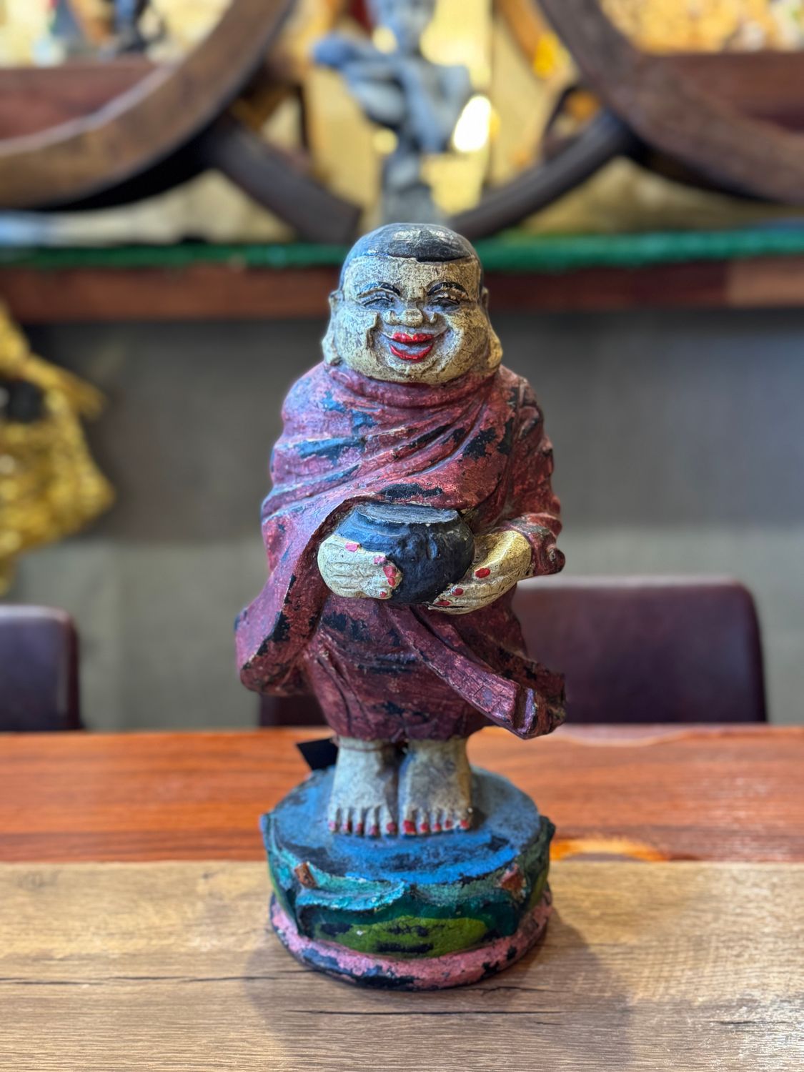 Hand Carved Wooden Buddha Holding Alms Bowl