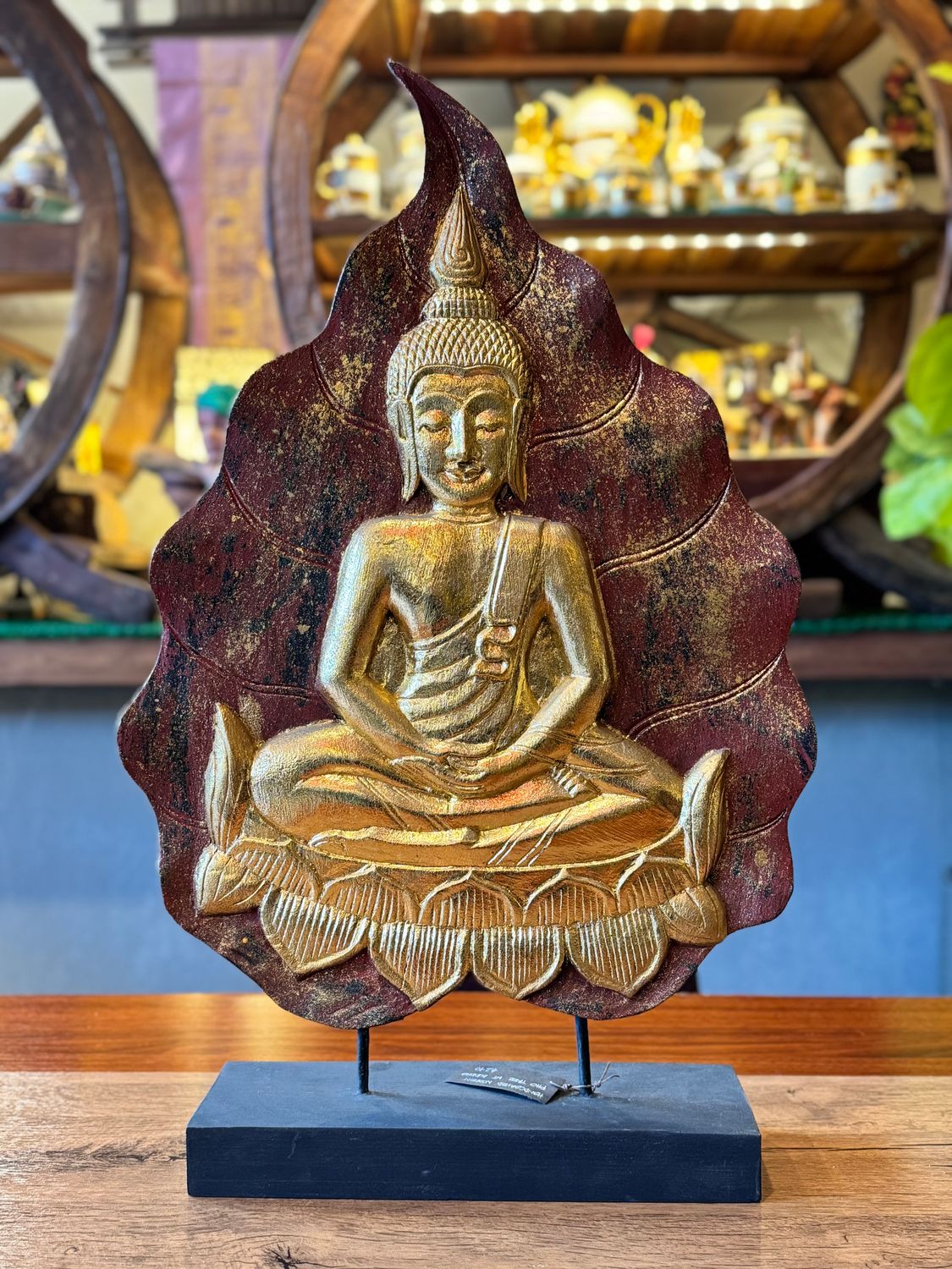 Hand Carved Wooden PHO Leaf with Buddha