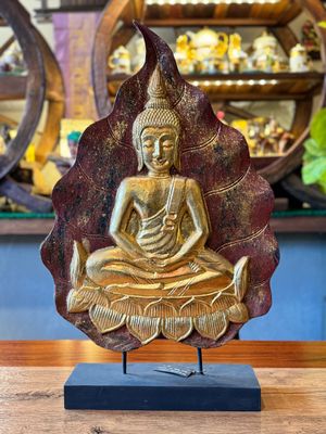 Hand Carved Wooden PHO Leaf with Buddha