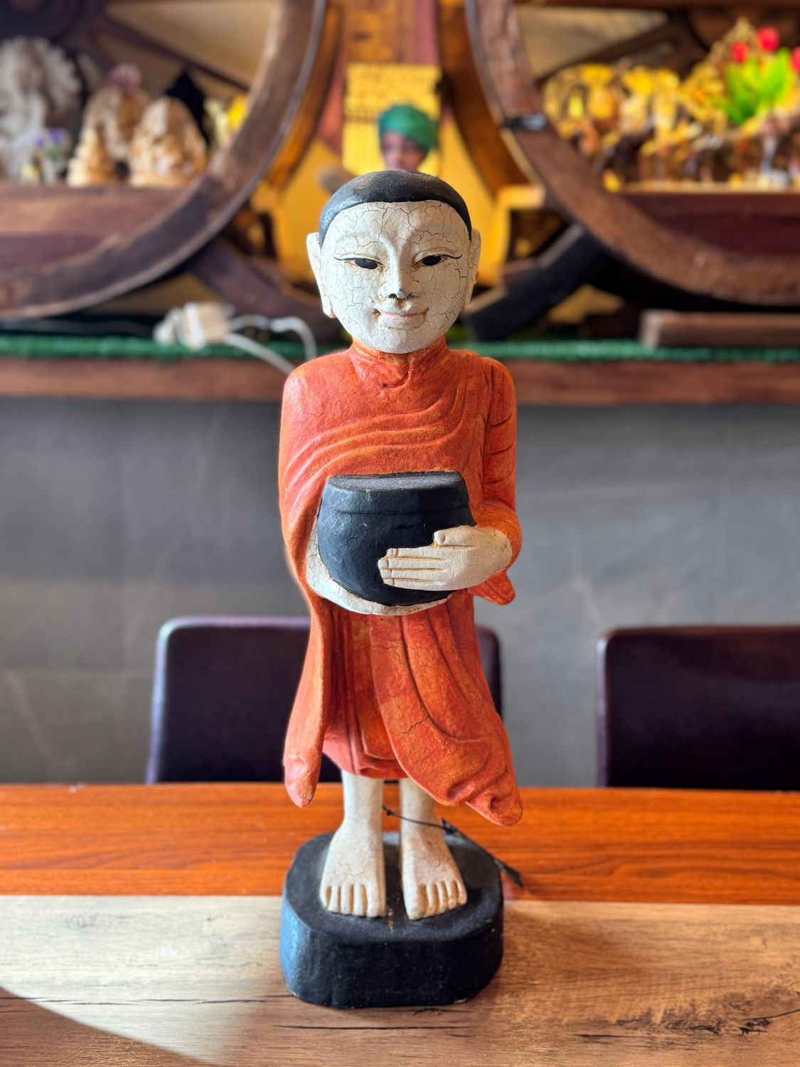 Hand Carved Wooden Monk Holding Alms Bowl
