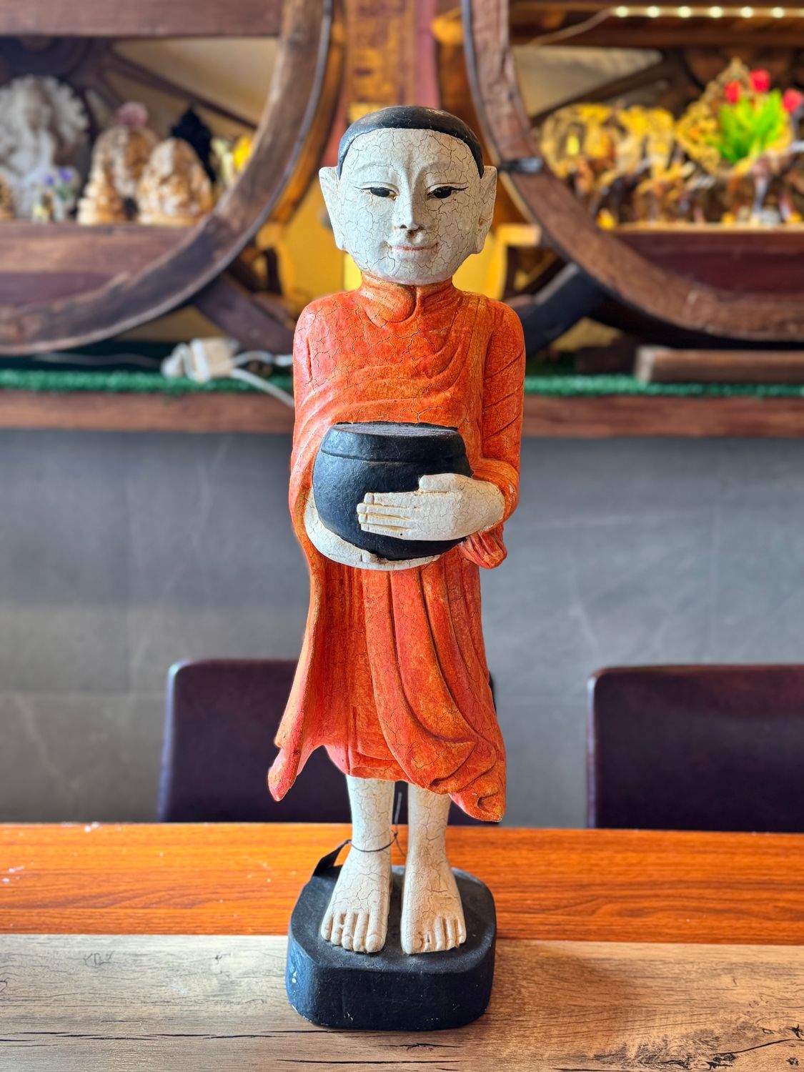 Hand Carved Wooden Monk Holding Alms Bowl