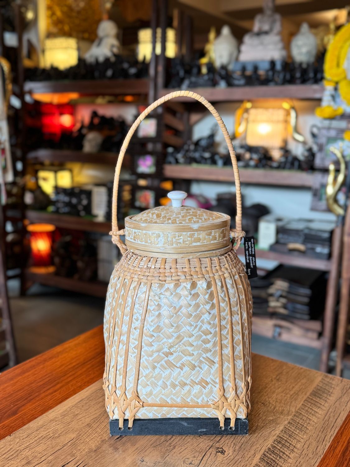 Bamboo Decorative Basket with Lid and Handle