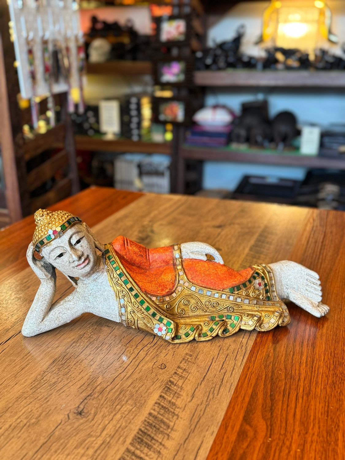 Hand Carved Wooden Reclining Buddha