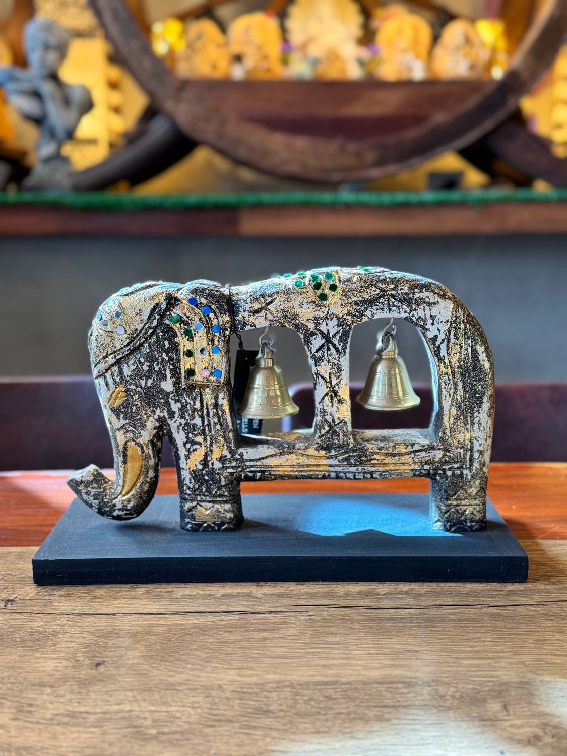 Hand Carved Wooden Elephant with Bells (L)